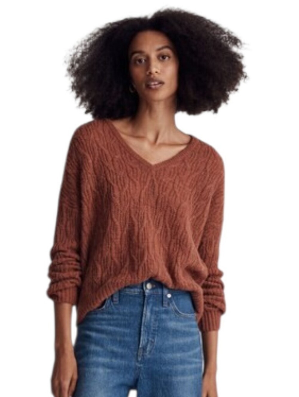 Madewell Alna Rust Cable Knit Soft Alpaca Blend V-Neck Sweater Size Medium